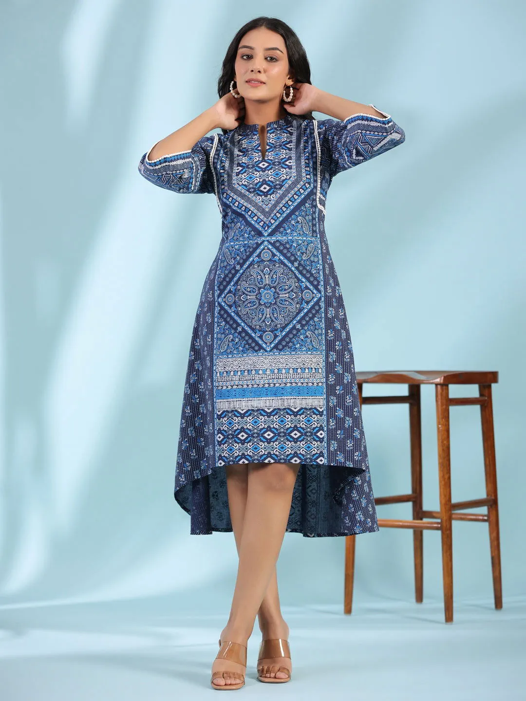 Jashvi Blue Geometric Printed Pure Cotton Asymmetric Midi Dress With Lace Work