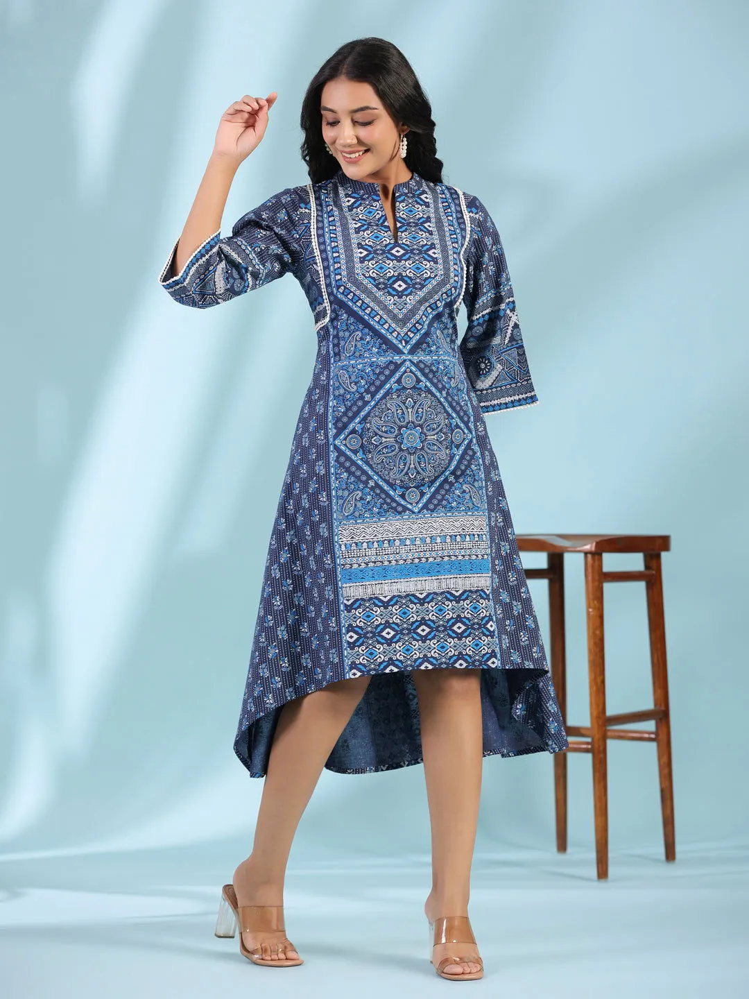 Jashvi Blue Geometric Printed Pure Cotton Asymmetric Midi Dress With Lace Work