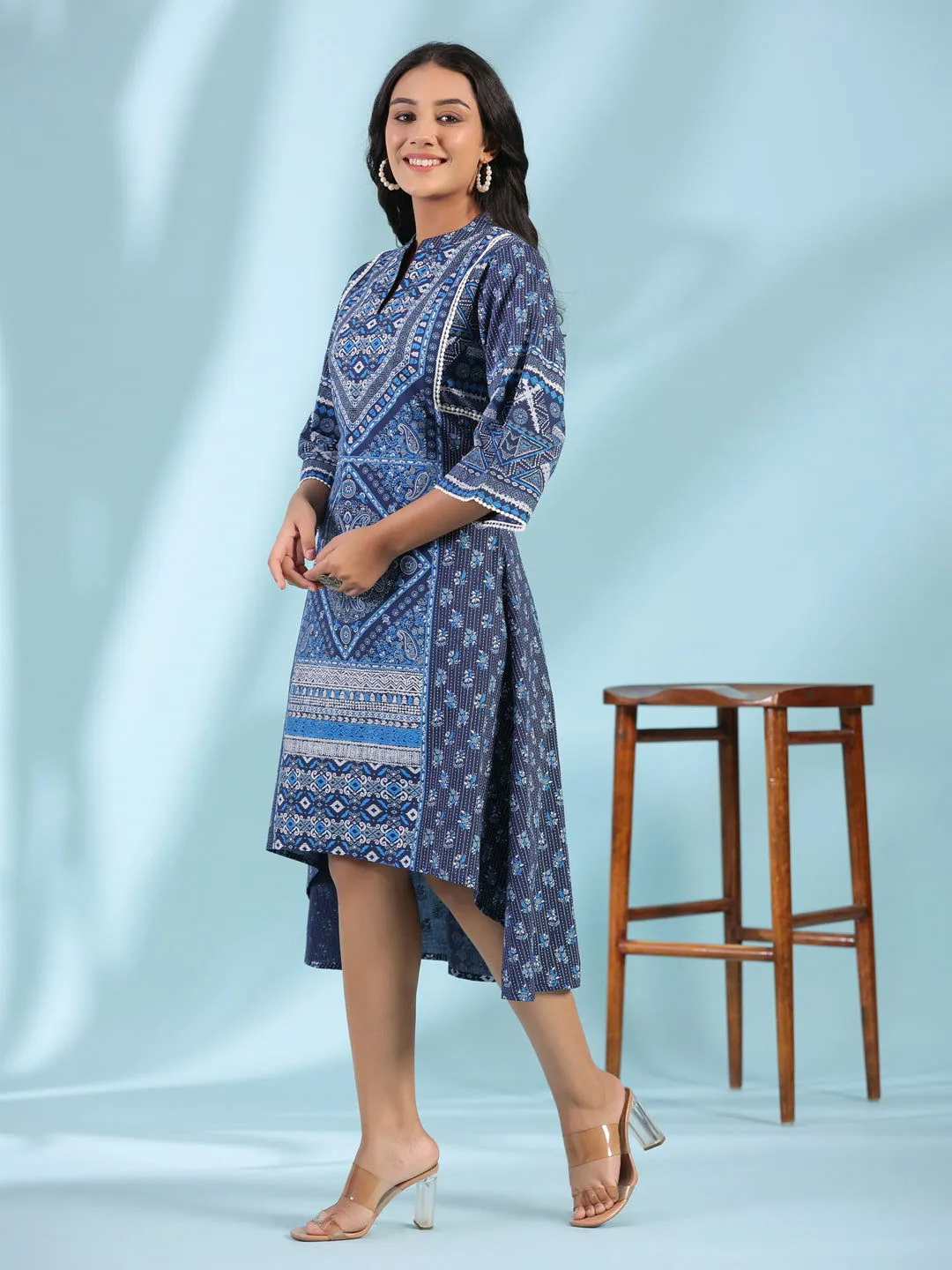 Jashvi Blue Geometric Printed Pure Cotton Asymmetric Midi Dress With Lace Work