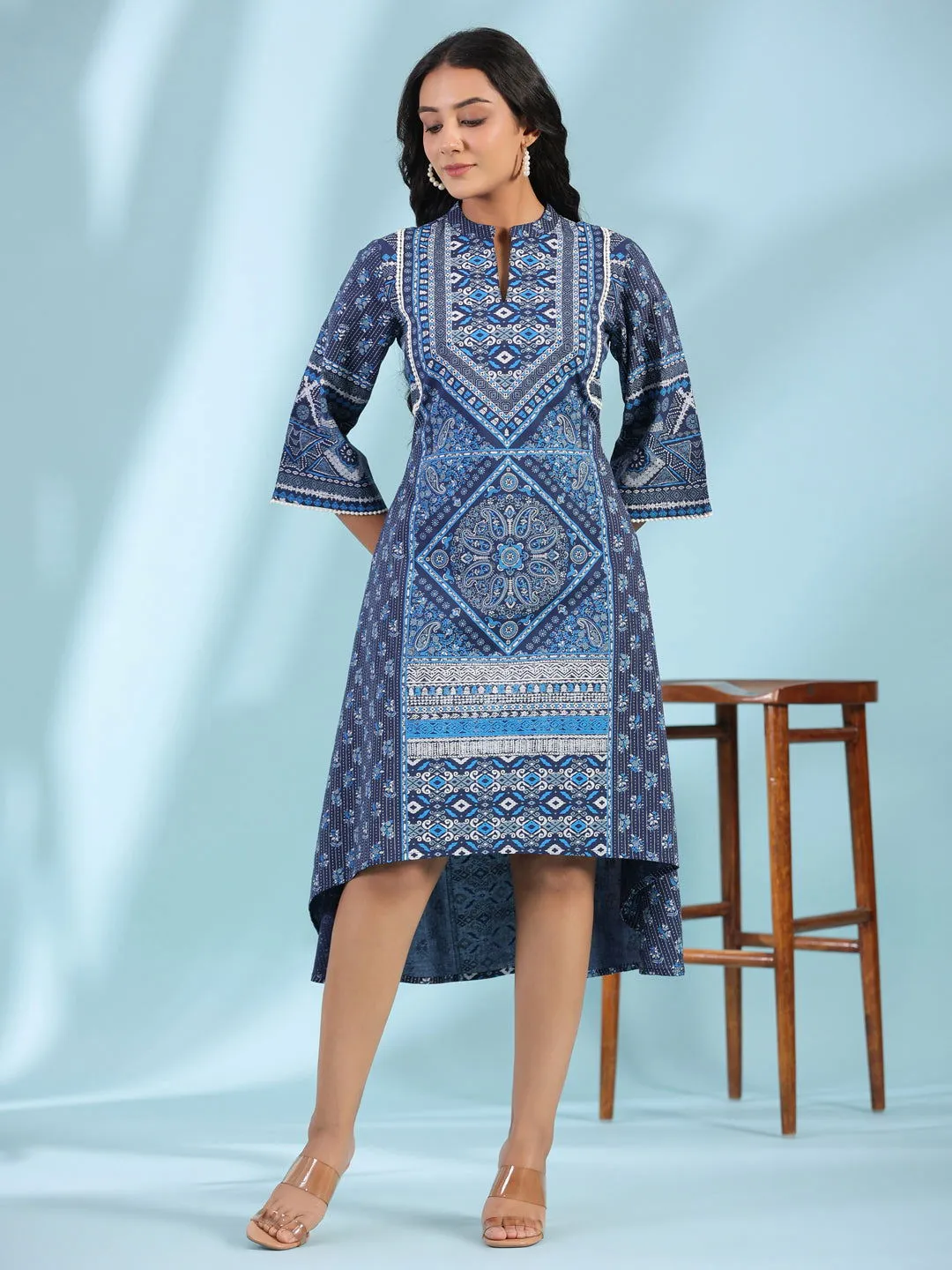 Jashvi Blue Geometric Printed Pure Cotton Asymmetric Midi Dress With Lace Work