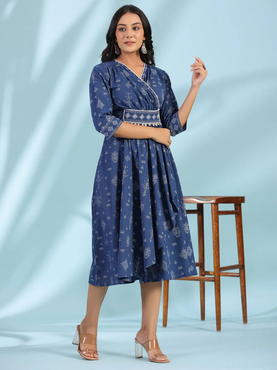 Jashvi Blue Geometric Printed Pure Cotton Midi Dress With Lace Work