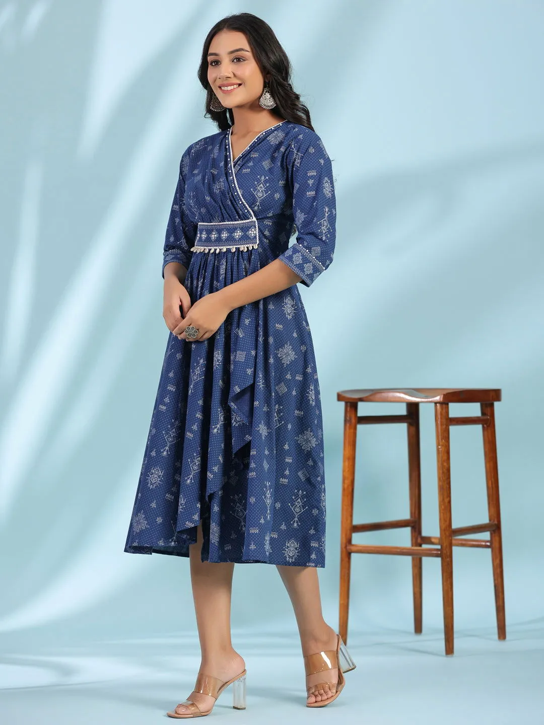 Jashvi Blue Geometric Printed Pure Cotton Midi Dress With Lace Work