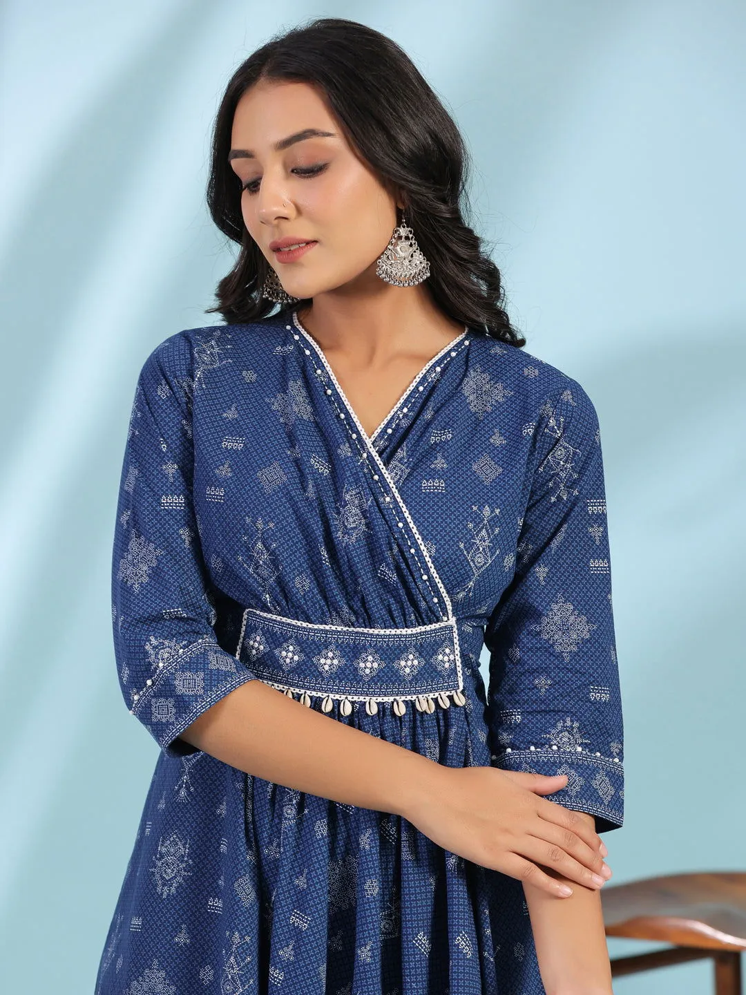 Jashvi Blue Geometric Printed Pure Cotton Midi Dress With Lace Work