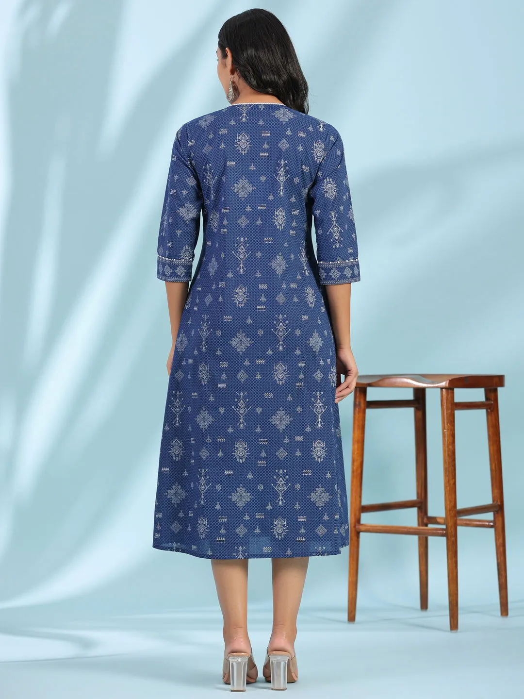 Jashvi Blue Geometric Printed Pure Cotton Midi Dress With Lace Work