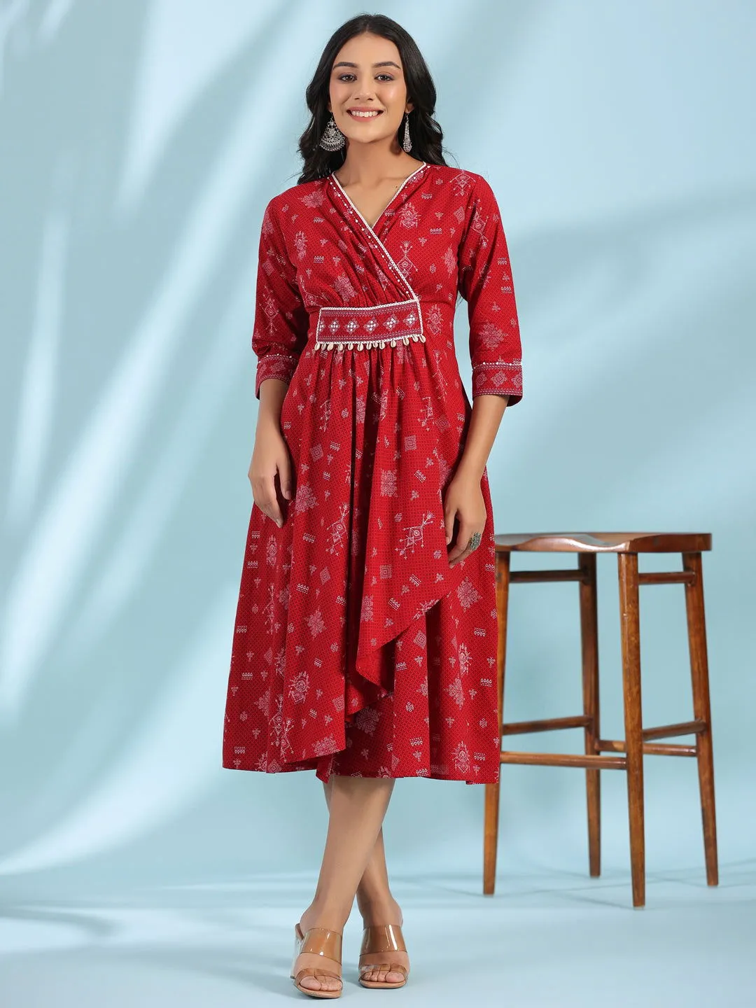 Jashvi  Red Geometric Printed Pure Cotton Midi Dress With Lace Work