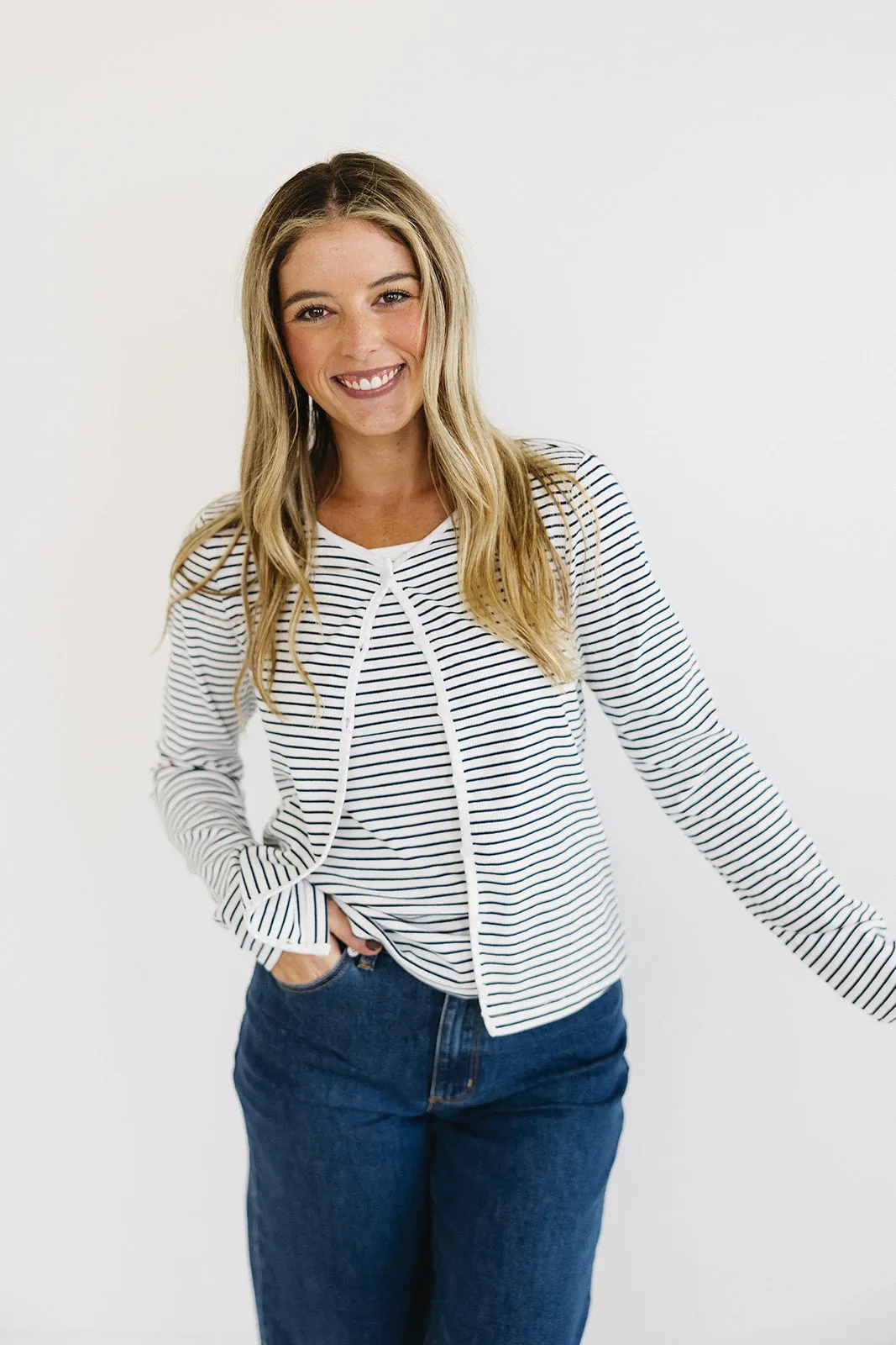 Jillian Stripe Cardigan Set - Ivory/Navy