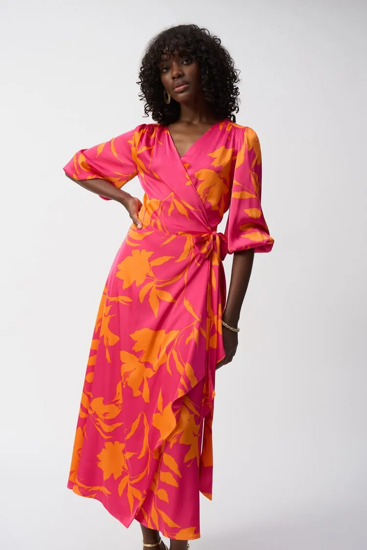 JOSEPH RIBKOFF | Satin Floral Print Wrap Dress 251906