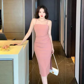 Joskaa France Elegant Pink Dress Women Slash Neck Slip Slit Design Vintage Party Midi Dresses Summer New Korean Style Female Clothes