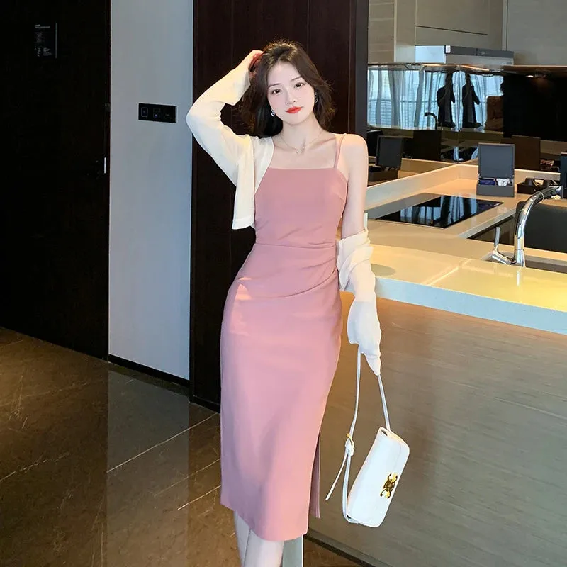 Joskaa France Elegant Pink Dress Women Slash Neck Slip Slit Design Vintage Party Midi Dresses Summer New Korean Style Female Clothes