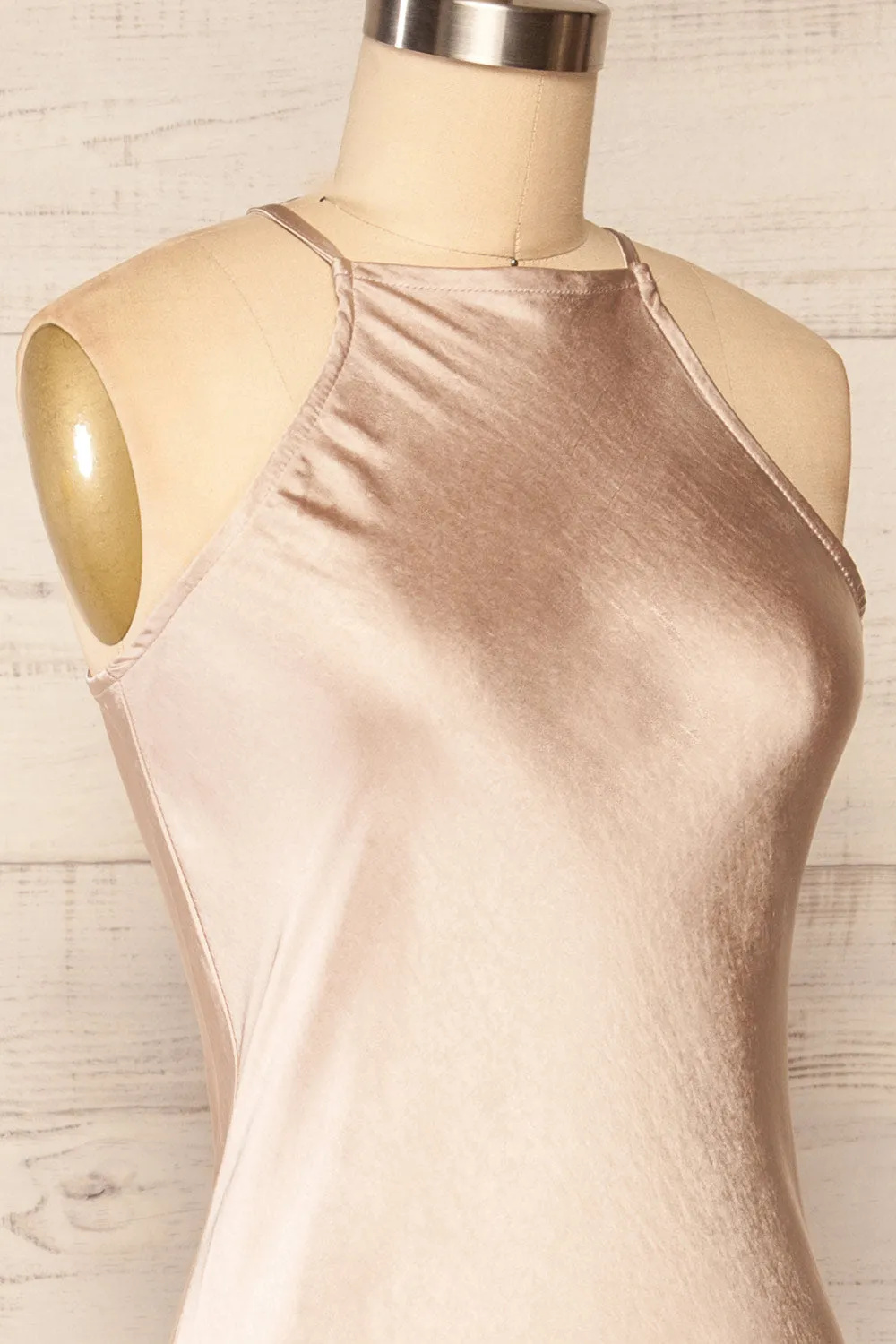 Kenaka Beige | Satin Midi Halter Dress