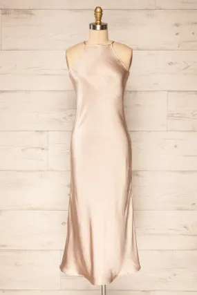 Kenaka Beige | Satin Midi Halter Dress