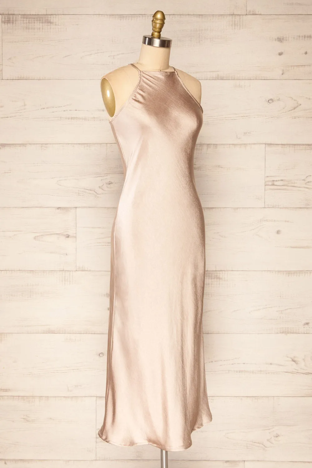 Kenaka Beige | Satin Midi Halter Dress