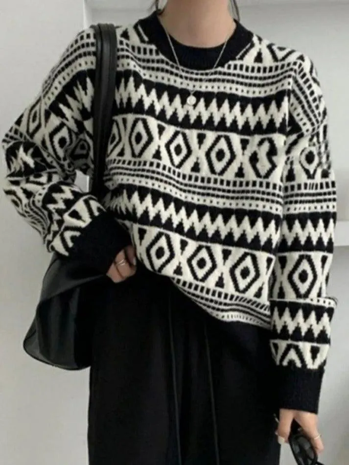 LANFUBEISI - Vintage Argyle Jacquard Slit Sweater