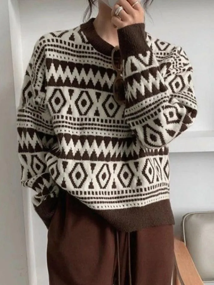 LANFUBEISI - Vintage Argyle Jacquard Slit Sweater