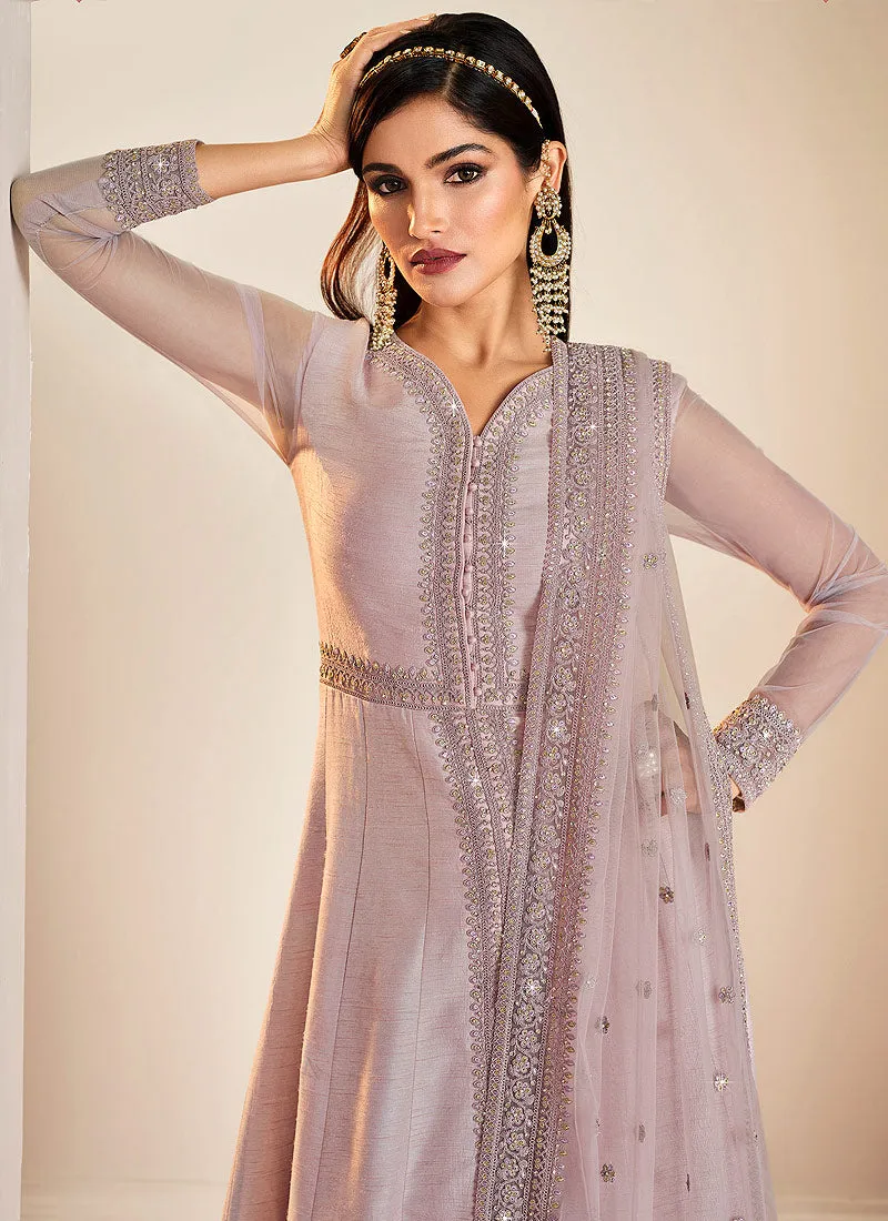 Lavender Zari Embroidered Unpperdown Anarkali Pant Suit