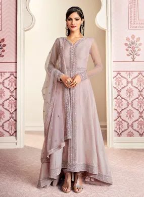 Lavender Zari Embroidered Unpperdown Anarkali Pant Suit