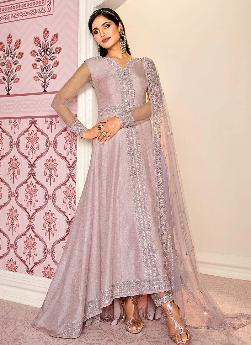 Lavender Zari Embroidered Unpperdown Anarkali Pant Suit