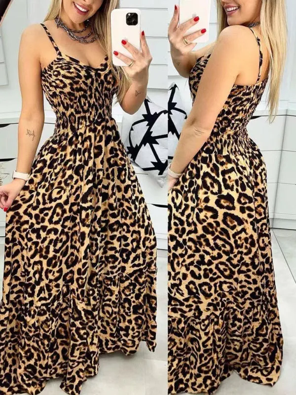 Leopard Print Casual Maxi Sundress Cami Summer Dress