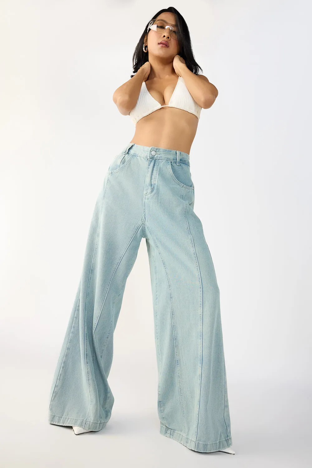 Light Blue Denim Flared Korean Pants