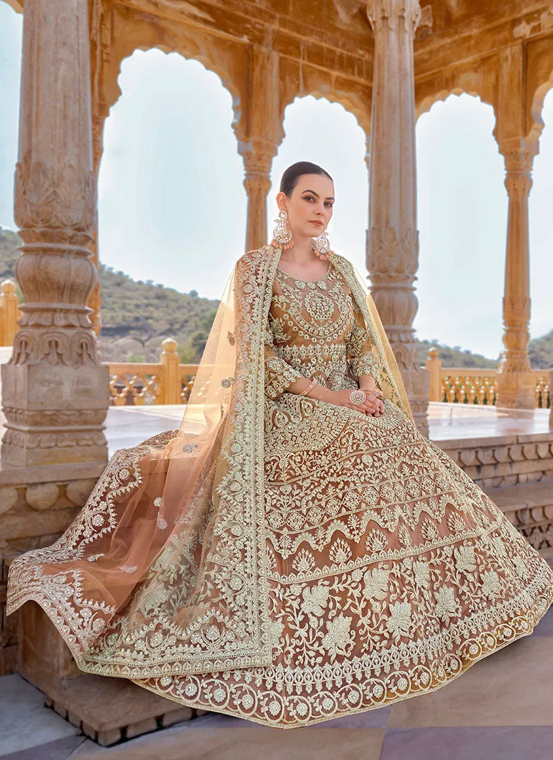 Light Brown Cording Thread Embroidery Designer Anarkali Suit