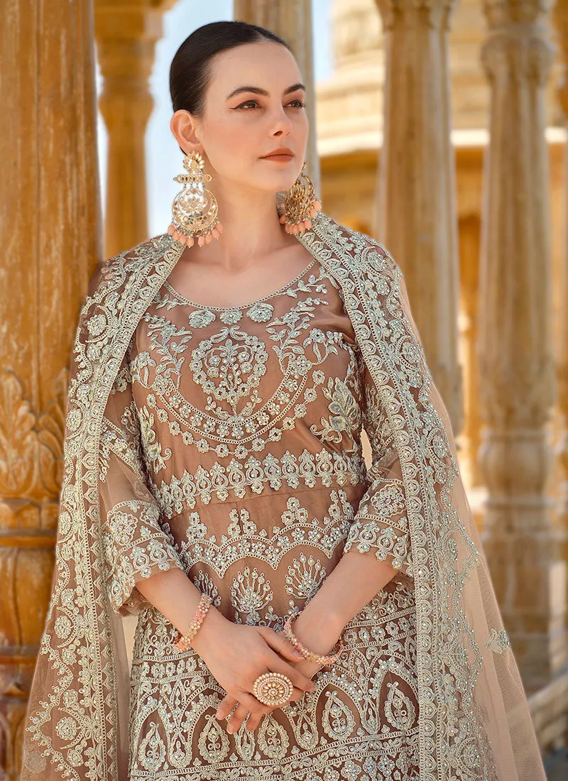 Light Brown Cording Thread Embroidery Designer Anarkali Suit