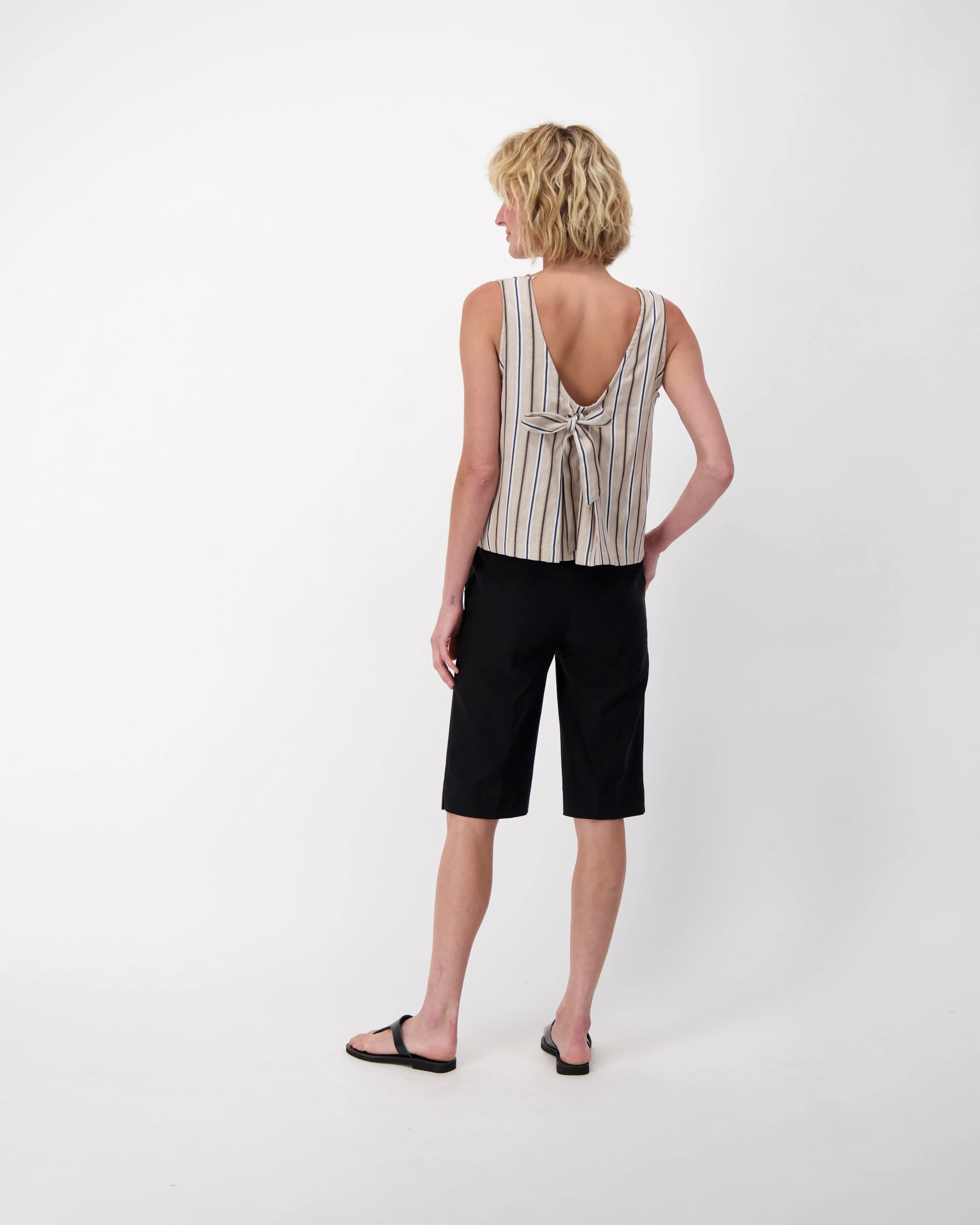 Linen Tie Back Sleeveless Tank Top, Yarn Dyed Stripes