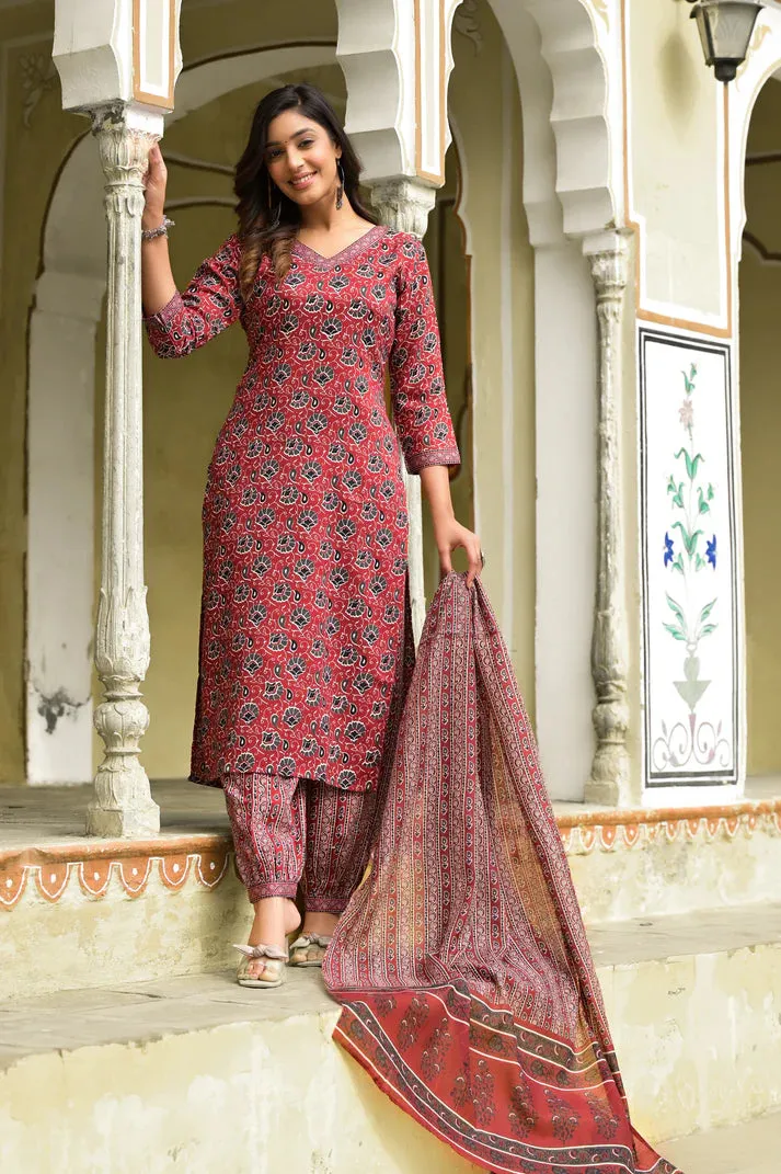 Maroon Viscose Straight Cut Printed Kurta Pant Set with Chanderi Cotton Dupatta