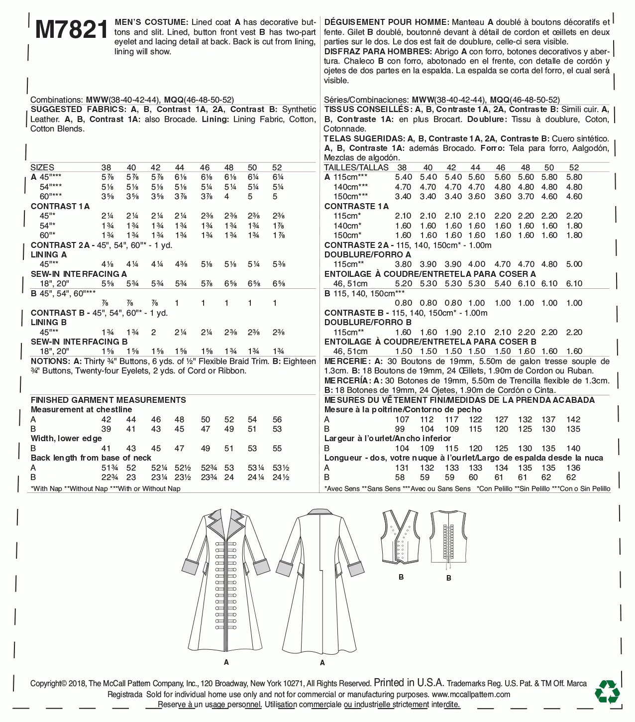 McCall's Pattern M7821 Men's Costume