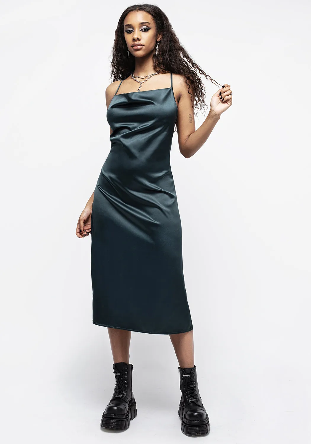 Medeina Cowl Neck Satin Midi Slip Dress - Green