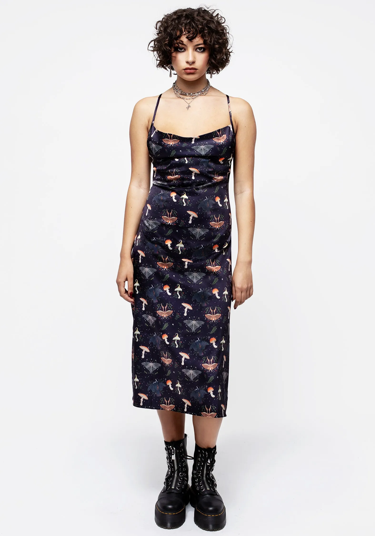 Medeina Print Cowl Neck Satin Midi Slip Dress