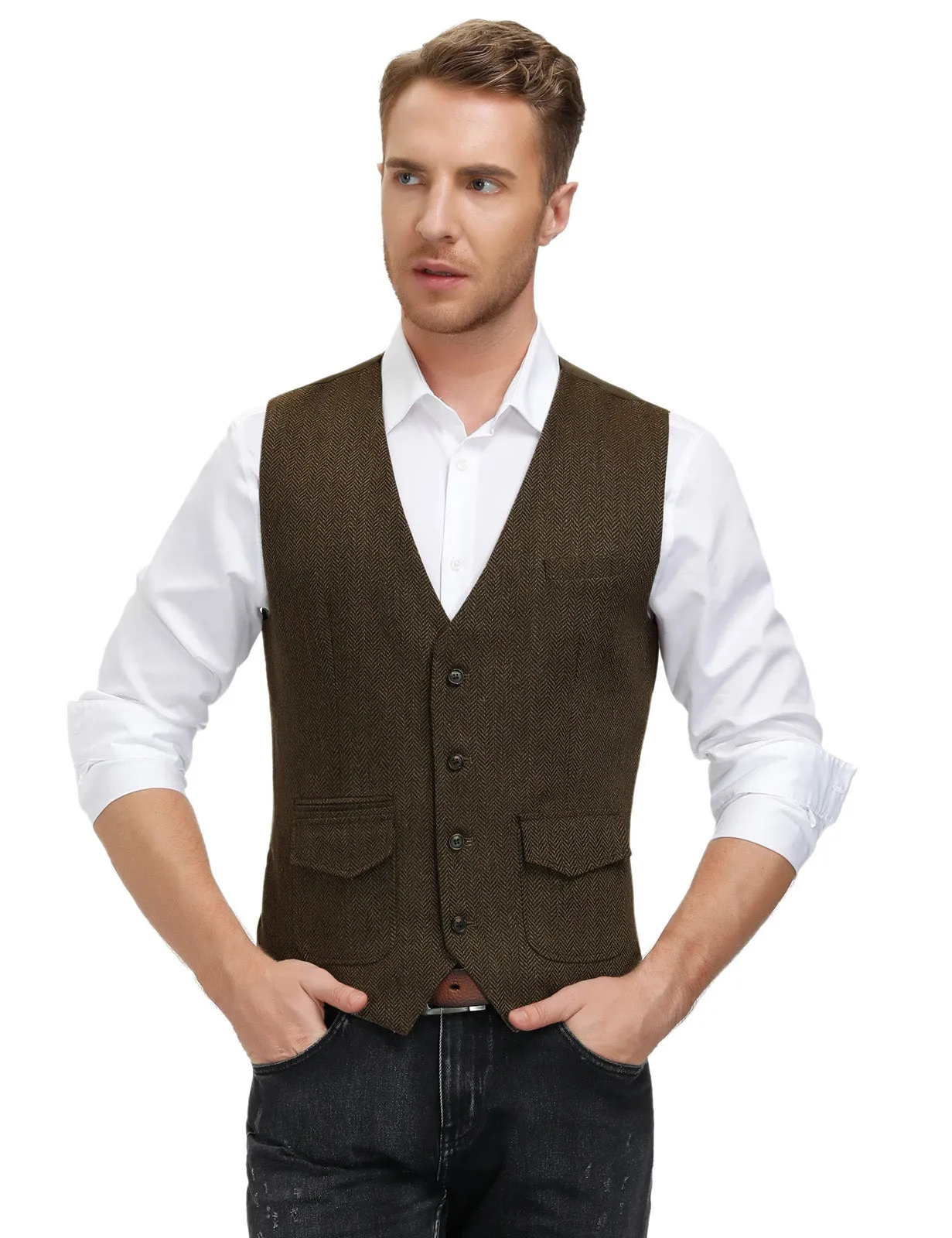 Men's British Herringbone Tweed Vest Casual Wool Blend Waistcoat with Pockets