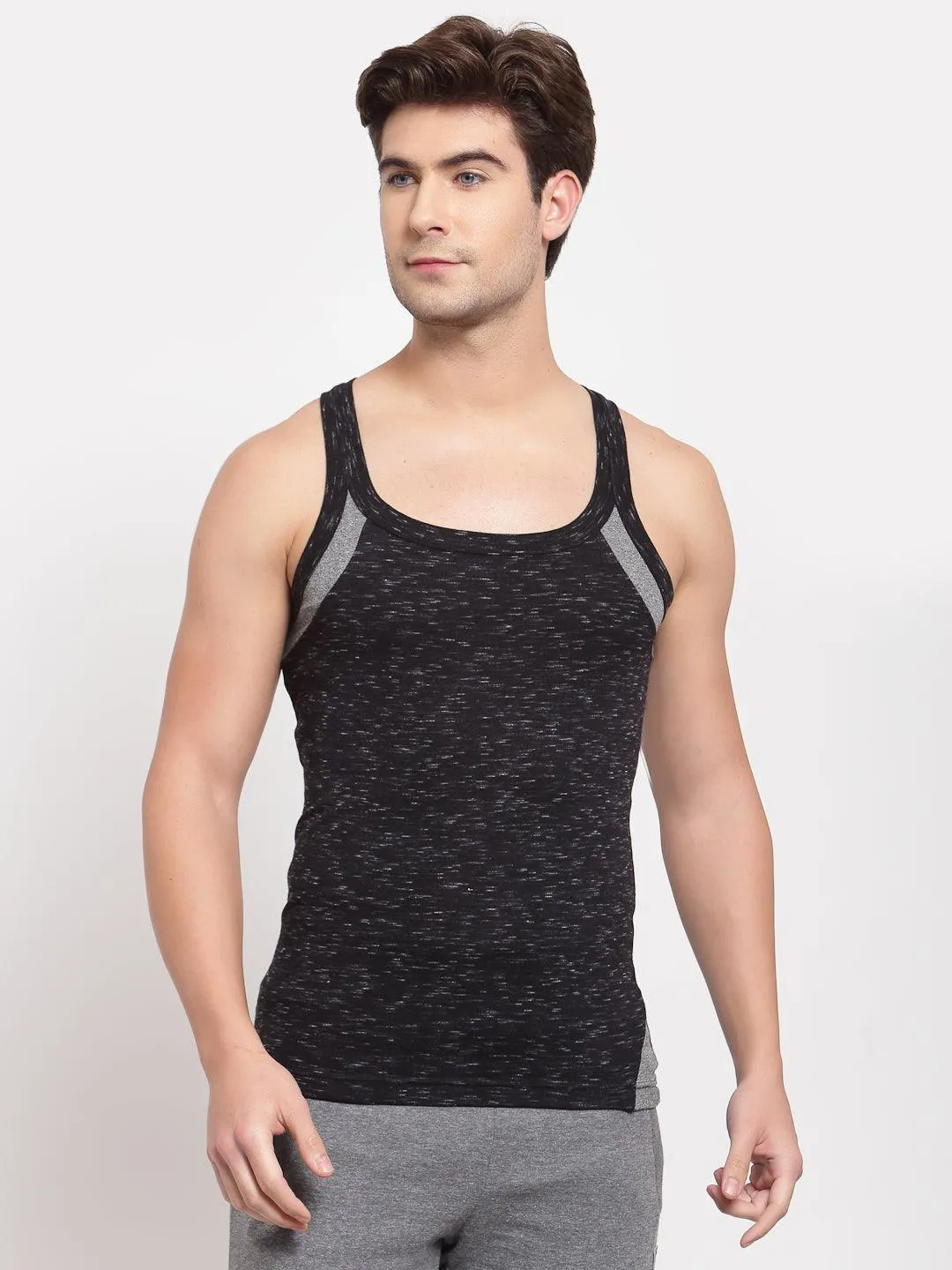 Men's Gym Vests with Contrast Armhole Panel - Pack of 2 (Black & Black Melange)