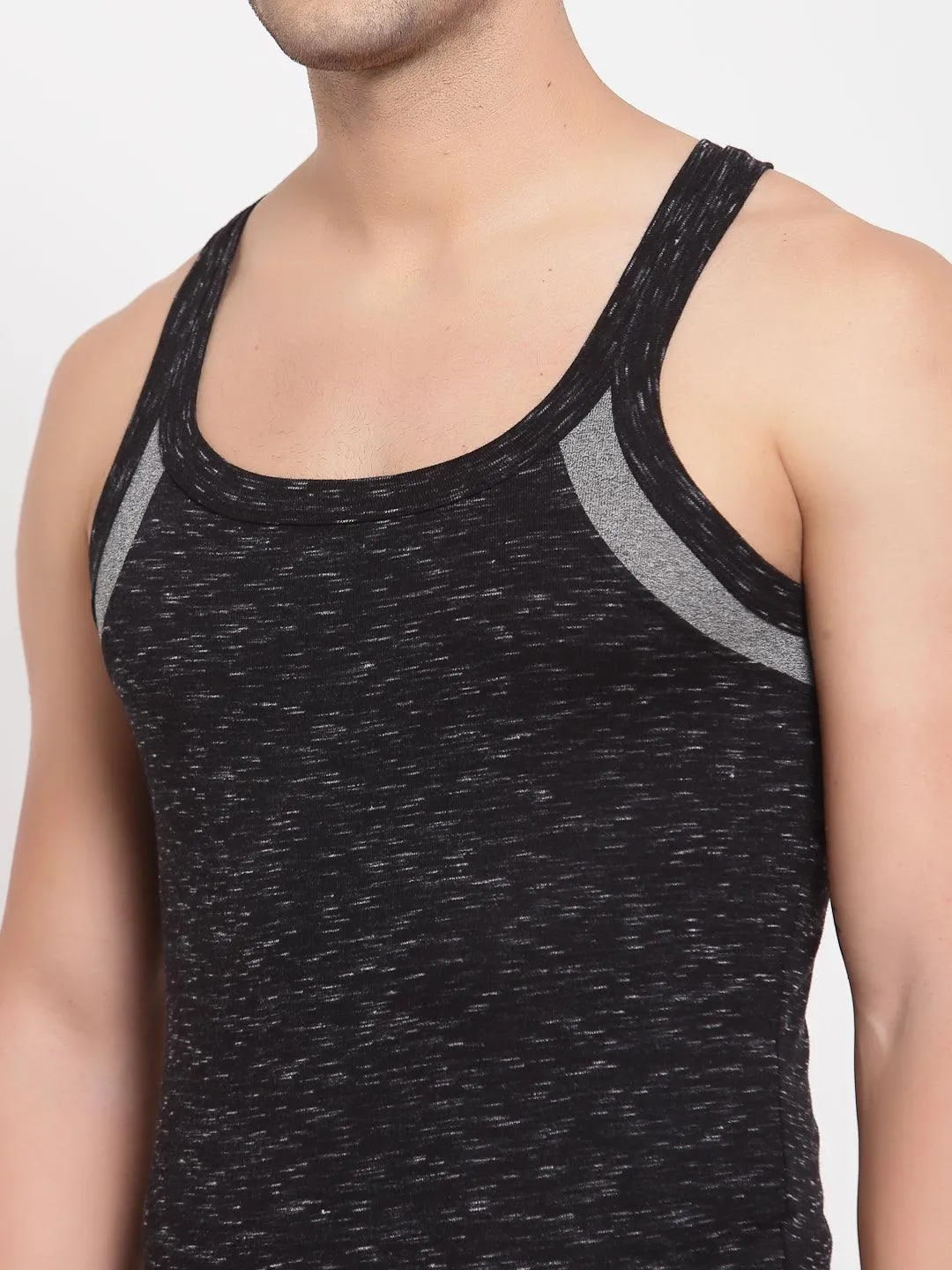 Men's Gym Vests with Contrast Armhole Panel - Pack of 2 (Black & Black Melange)