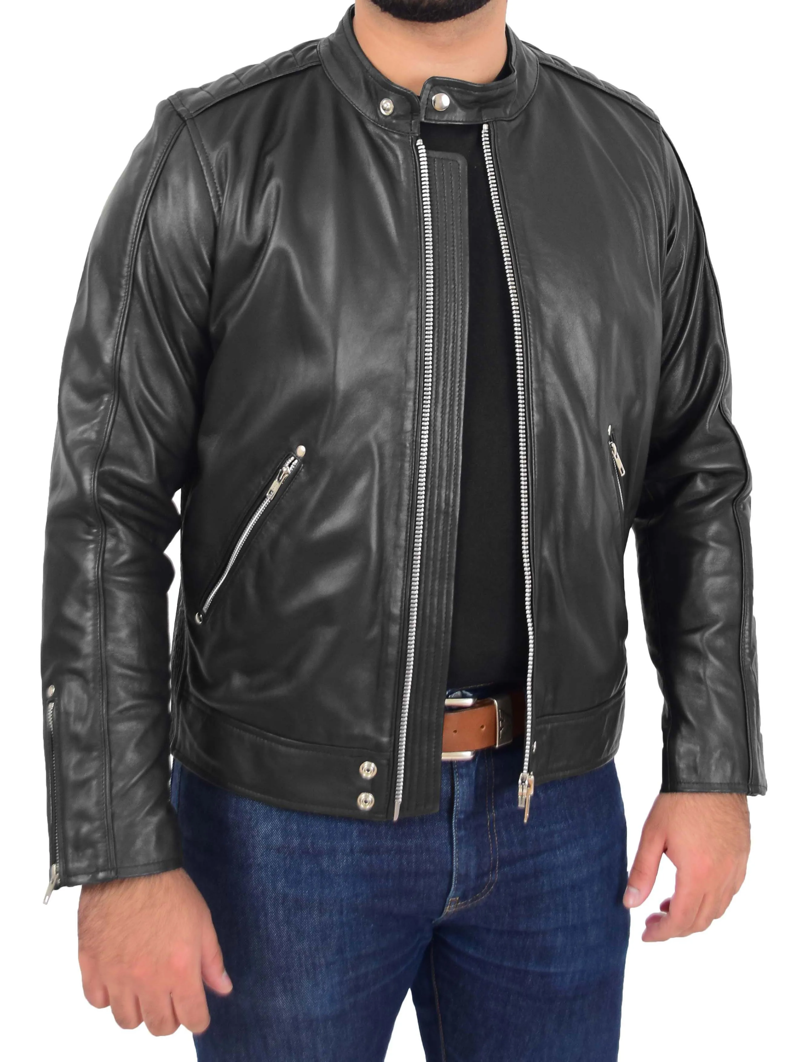 Mens Leather Biker Jacket Slim Fit Colt Black