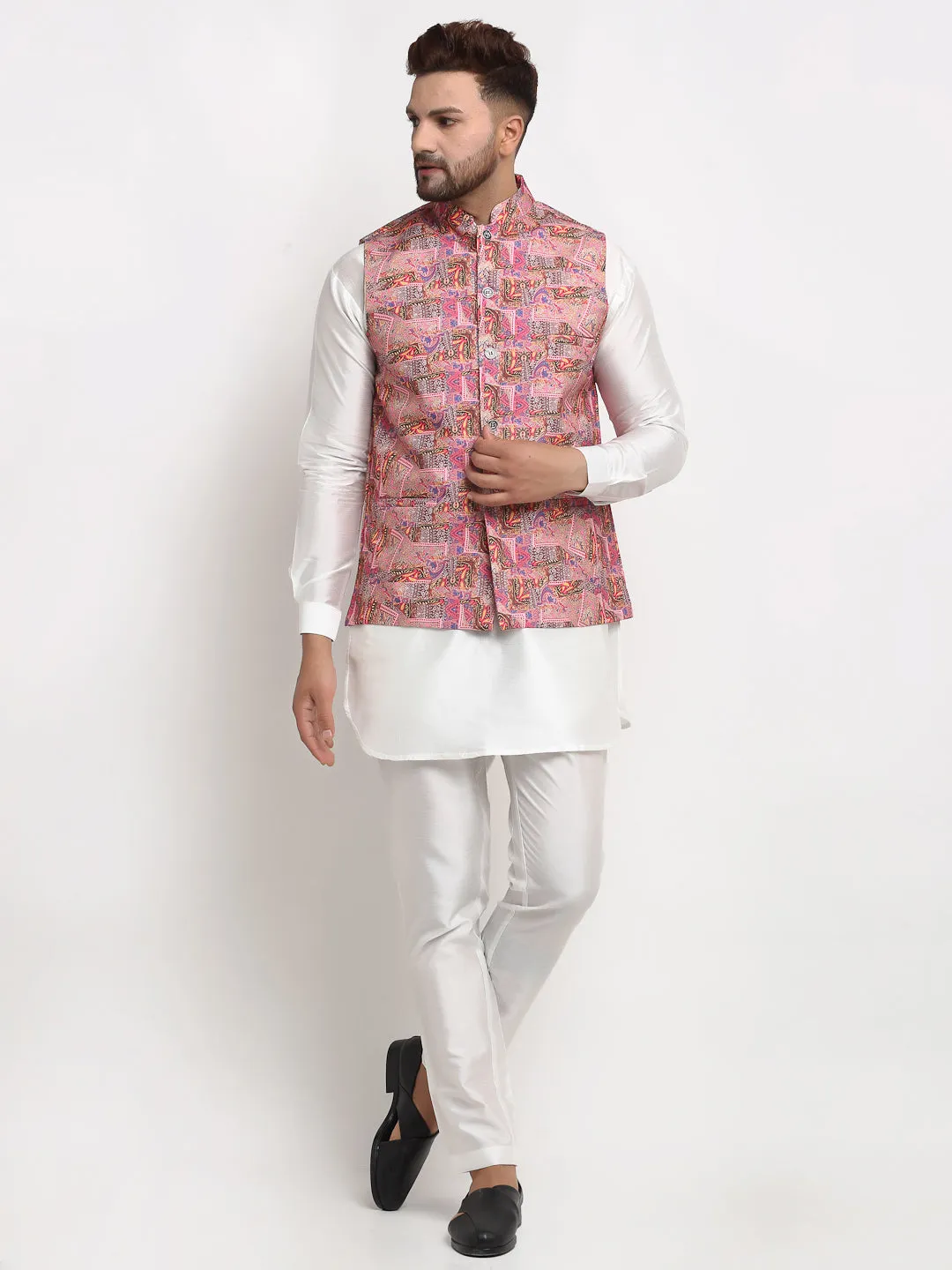 Men's Silk Blend White Kurta With Pyjama & Pink Printed Nehru Jacket - Benstoke