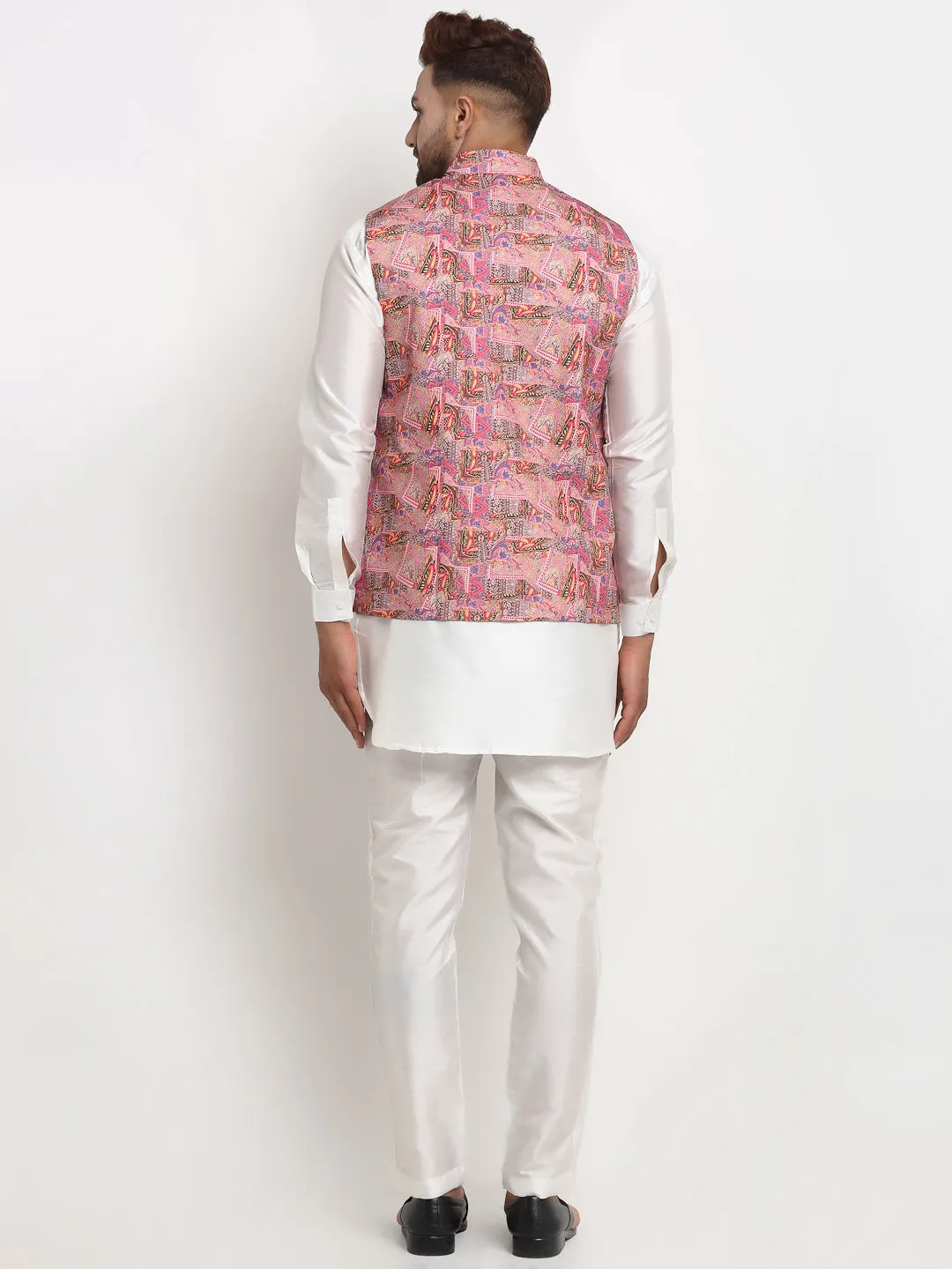 Men's Silk Blend White Kurta With Pyjama & Pink Printed Nehru Jacket - Benstoke