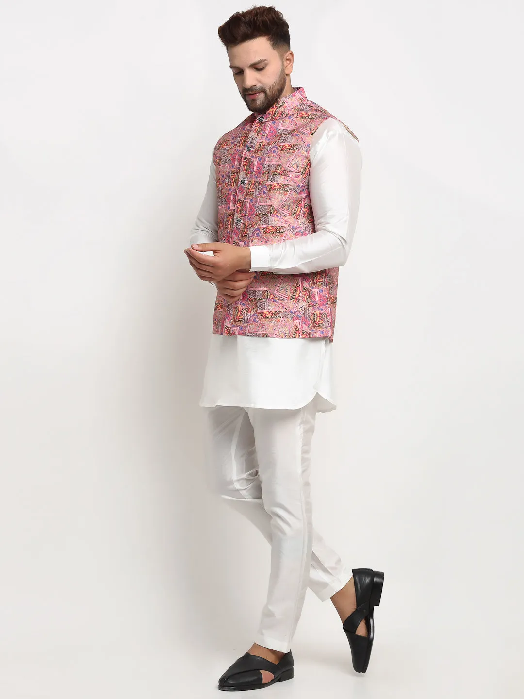 Men's Silk Blend White Kurta With Pyjama & Pink Printed Nehru Jacket - Benstoke