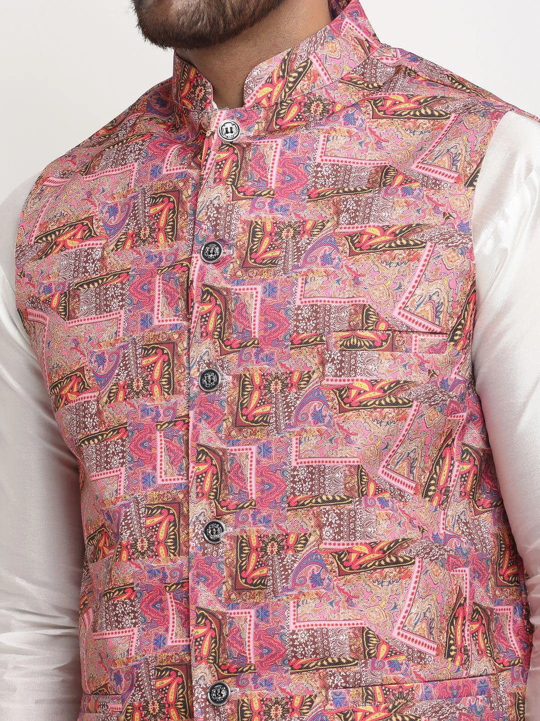 Men's Silk Blend White Kurta With Pyjama & Pink Printed Nehru Jacket - Benstoke