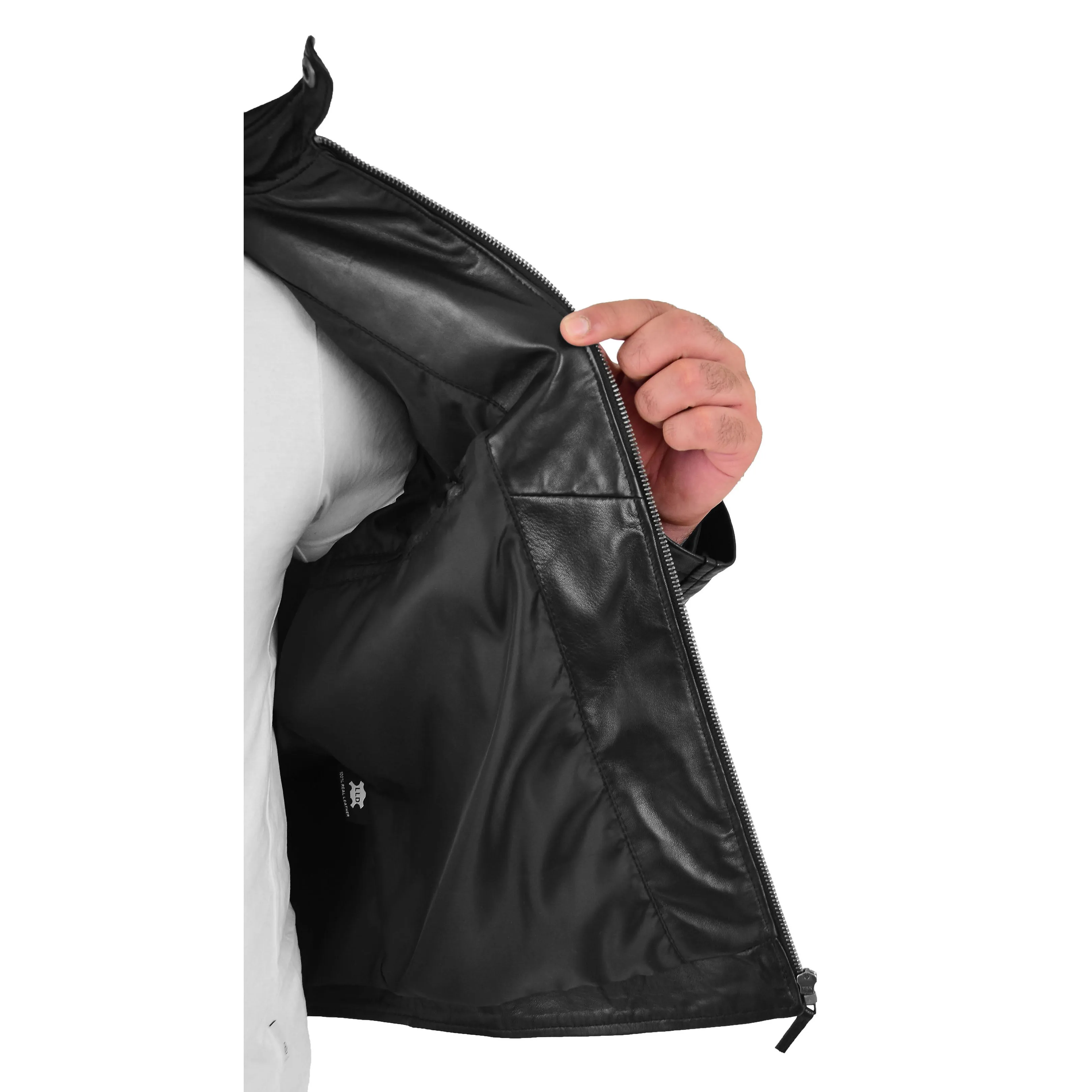 Mens Soft Leather Biker Jacket Quilted Design Tucker Black