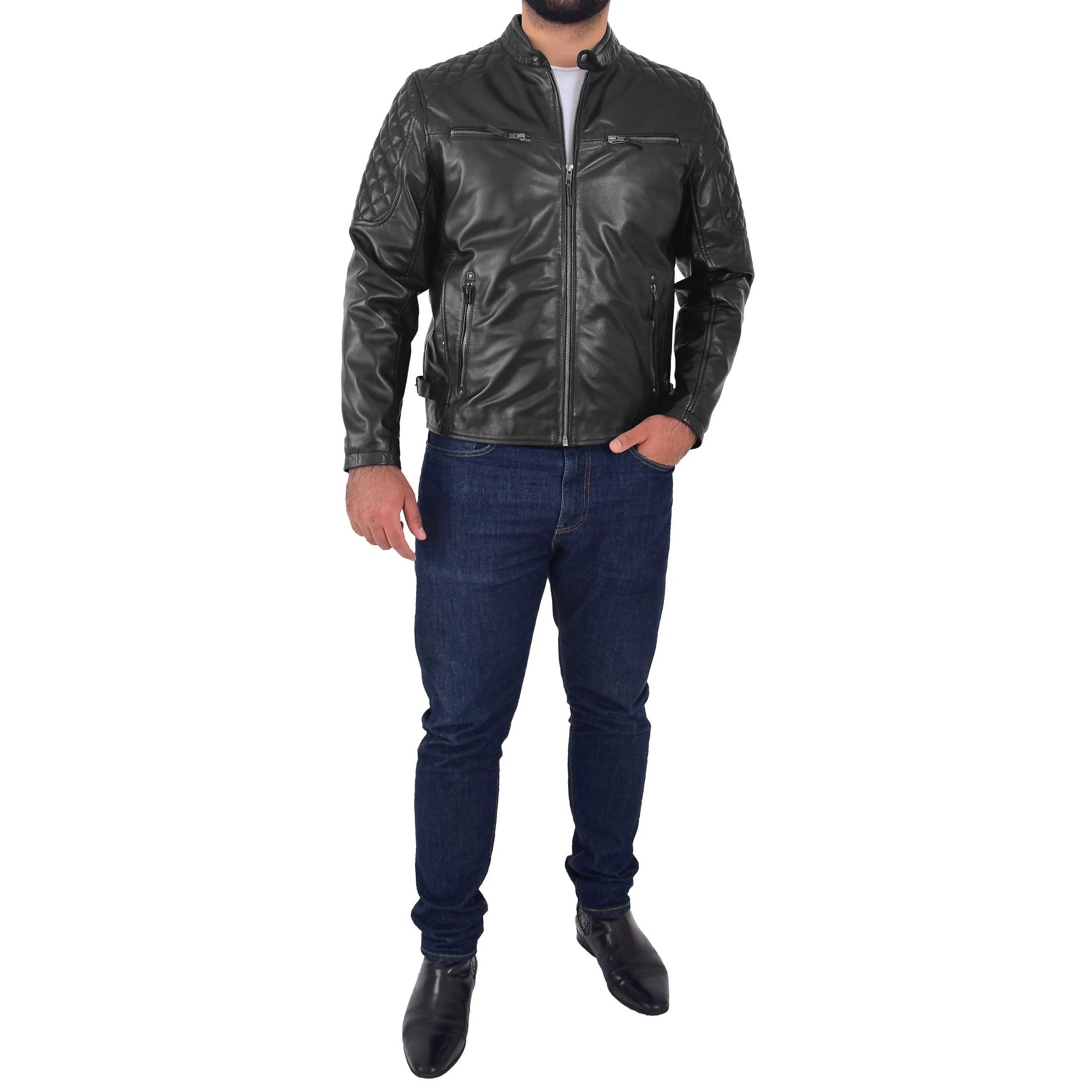 Mens Soft Leather Biker Jacket Quilted Design Tucker Black