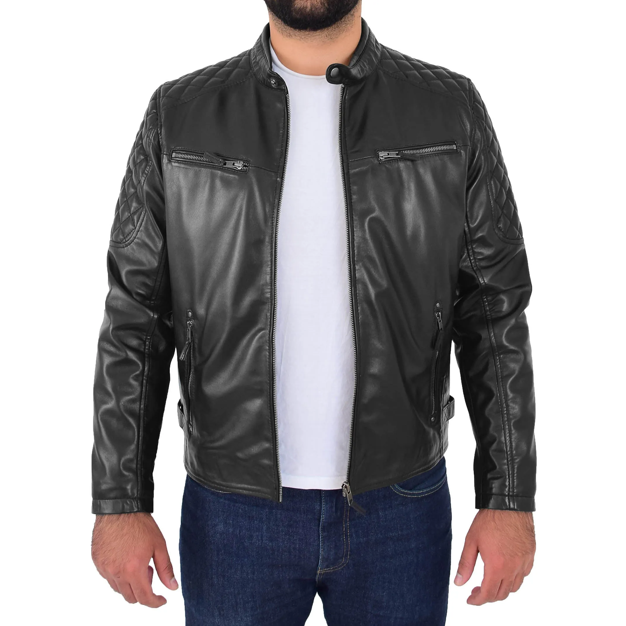 Mens Soft Leather Biker Jacket Quilted Design Tucker Black