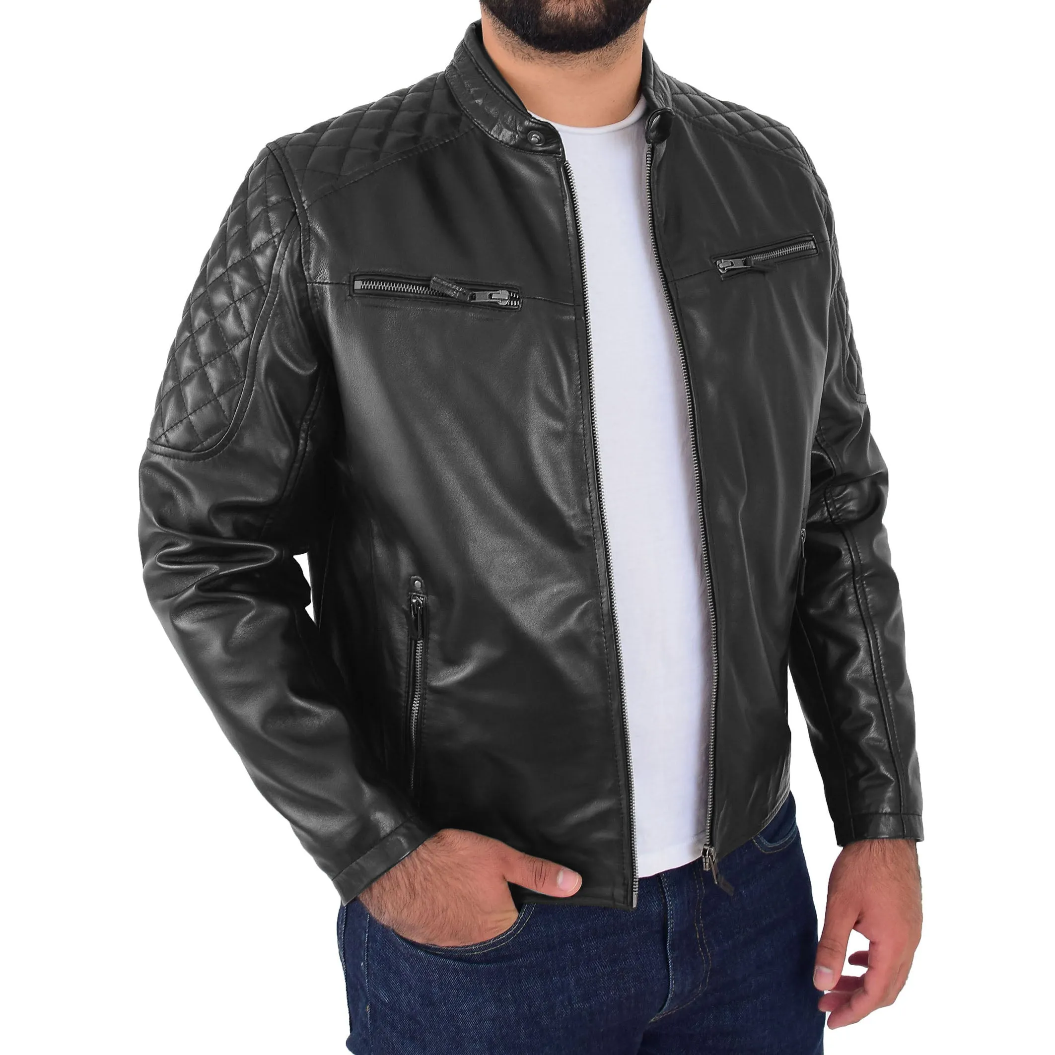 Mens Soft Leather Biker Jacket Quilted Design Tucker Black