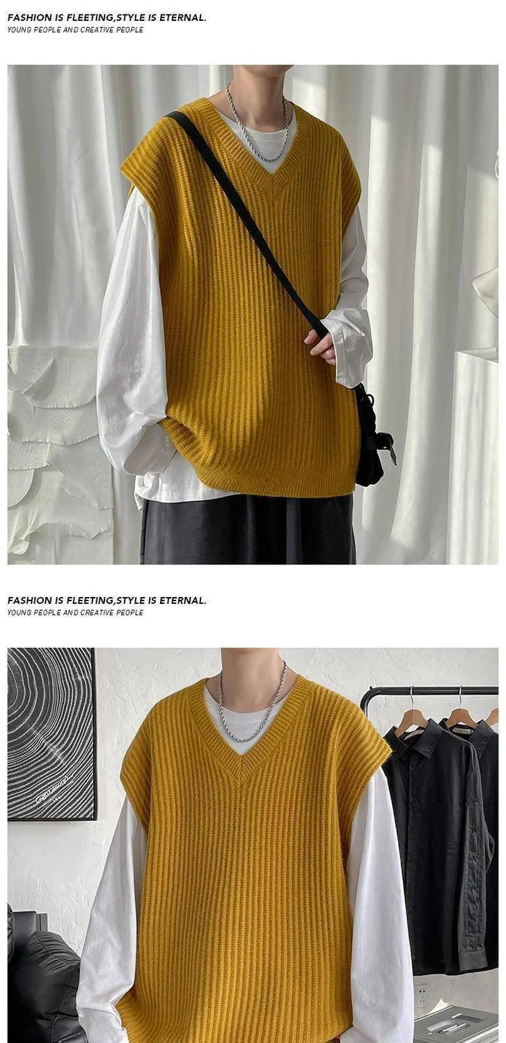 Men's V-neck Sweater Plus Size Vest Knitted Autumn And Winter College Style Waistcoat Vest Coat