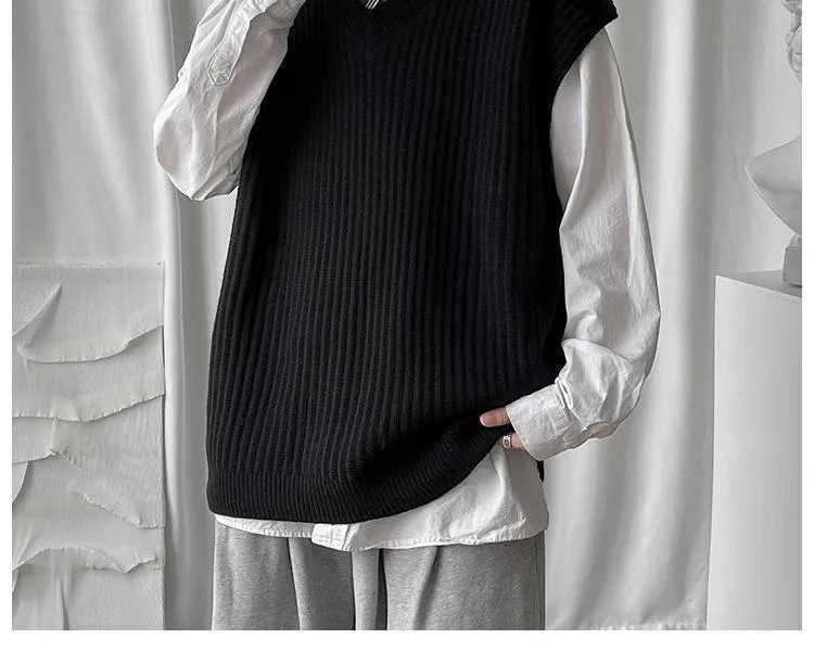 Men's V-neck Sweater Plus Size Vest Knitted Autumn And Winter College Style Waistcoat Vest Coat