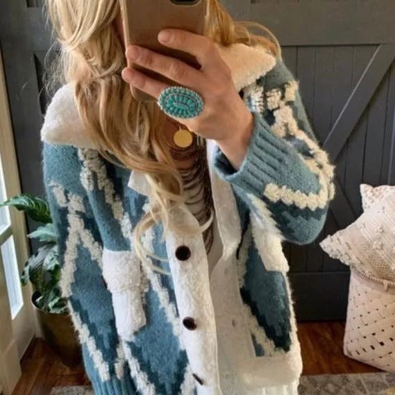 Montana Native Knit Sherpa Sweater Jacket in Blue