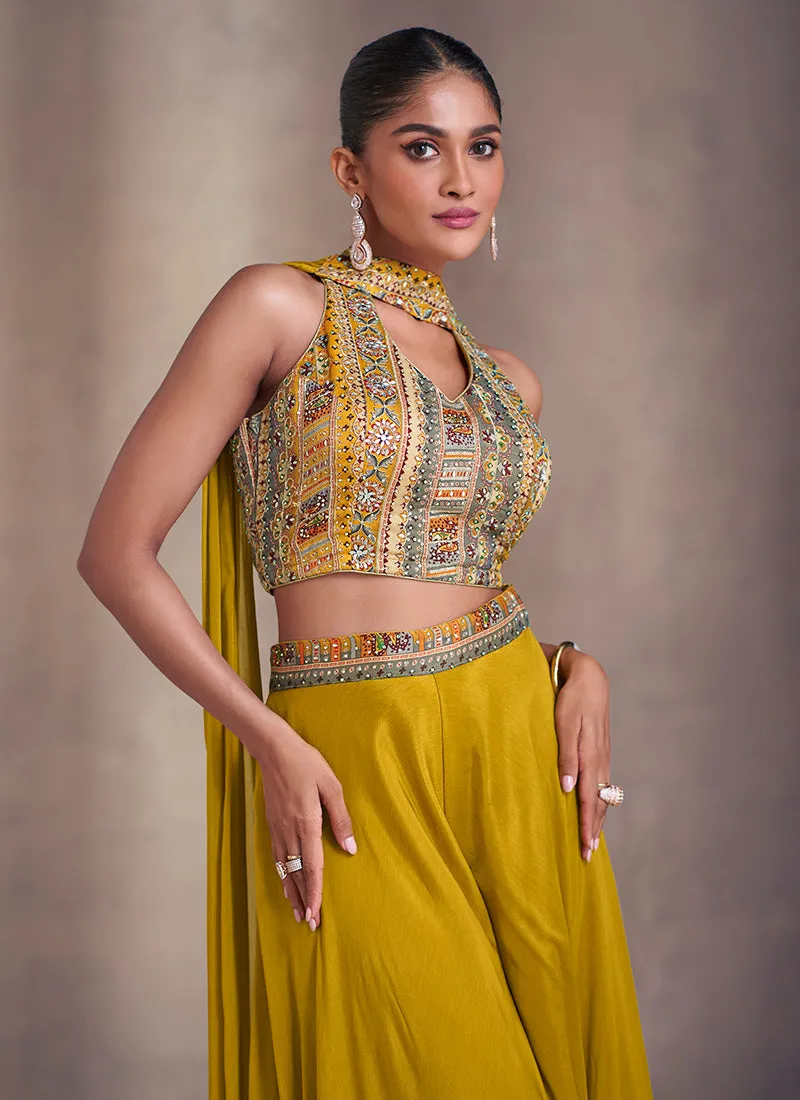 Mustard Yellow Designer Embroidered Co-Ord Palazzo Set