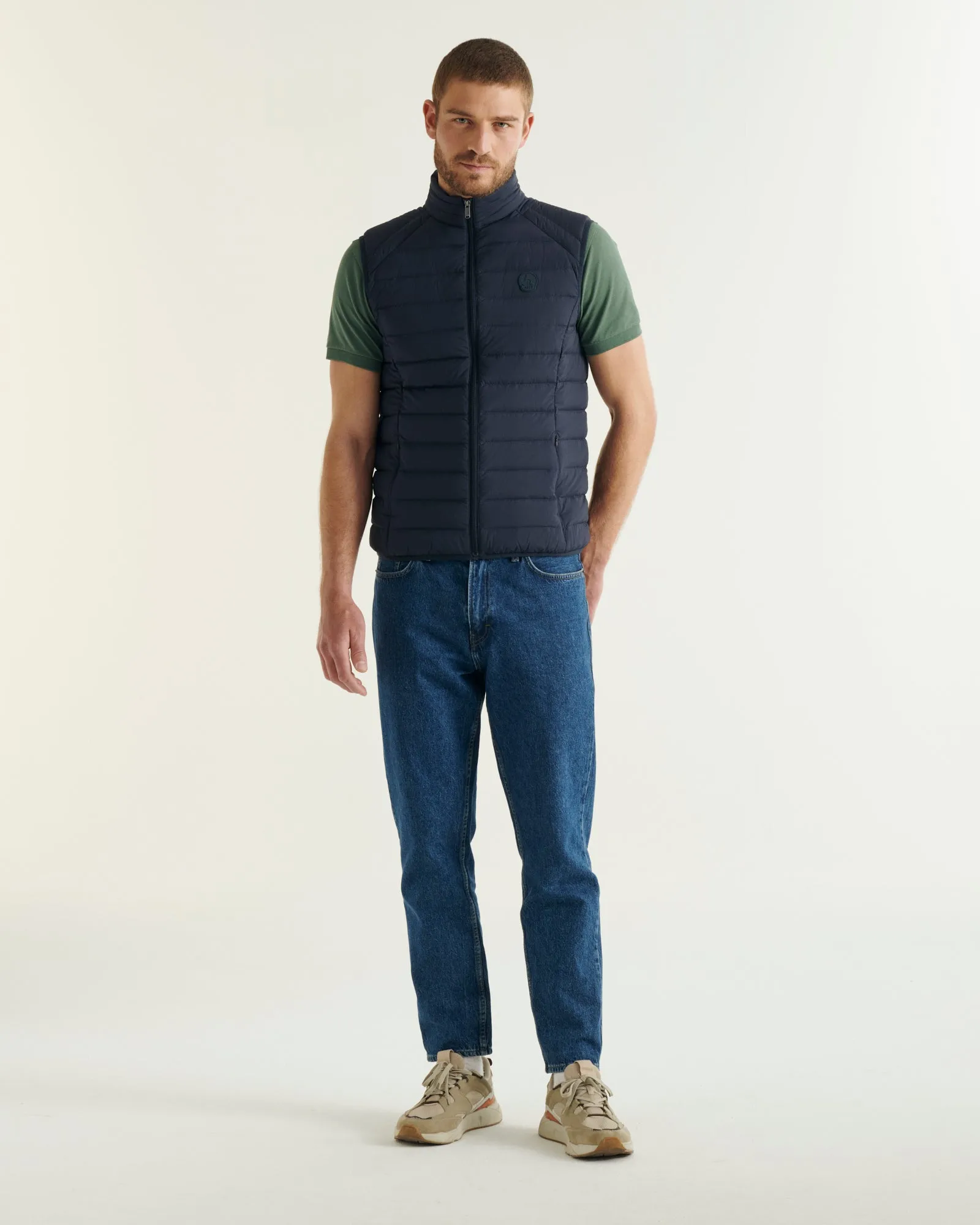 Navy Arafo stretch sleeveless puffer jacket