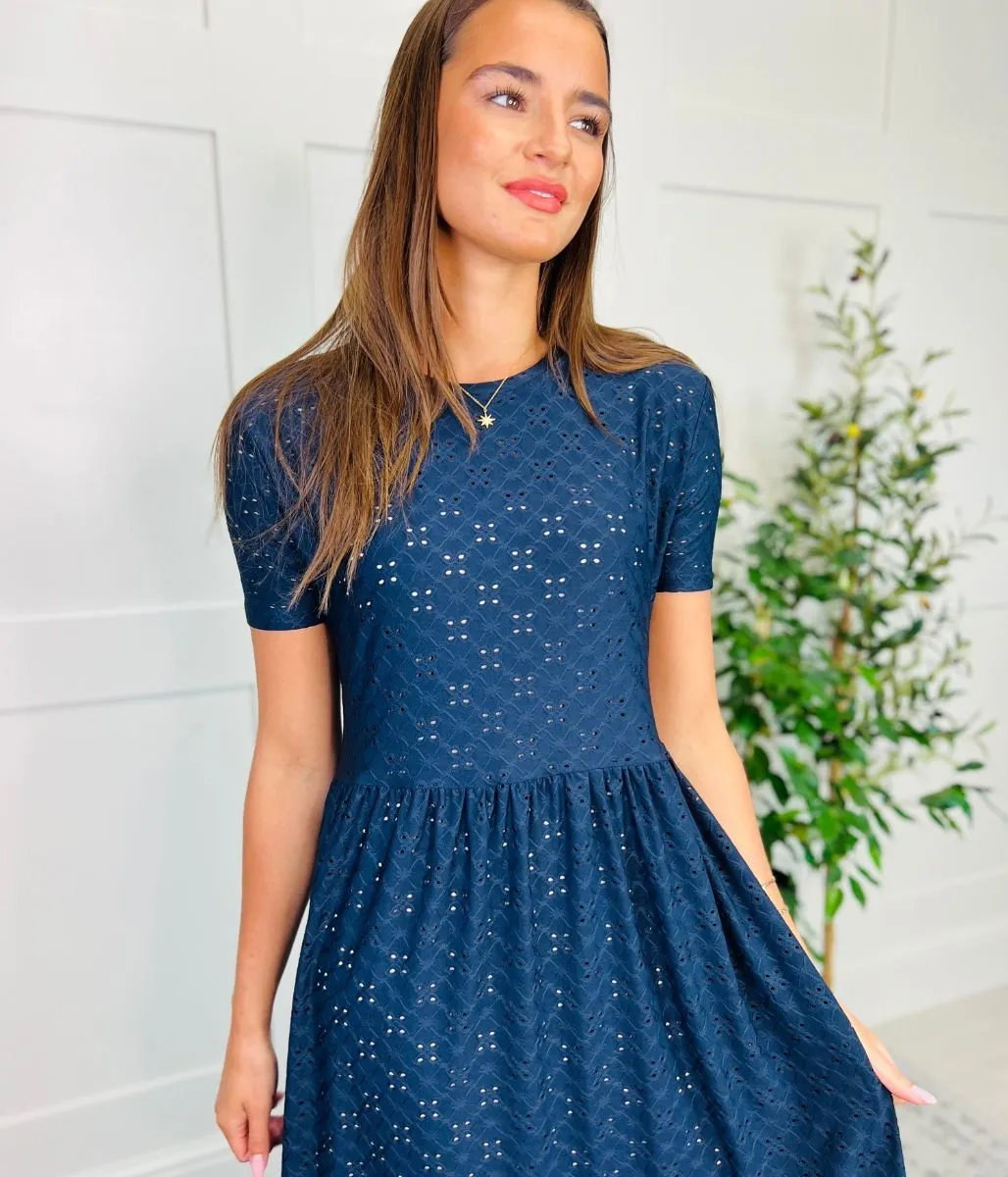 Navy Broderie Anglaise Stretch Midi Dress