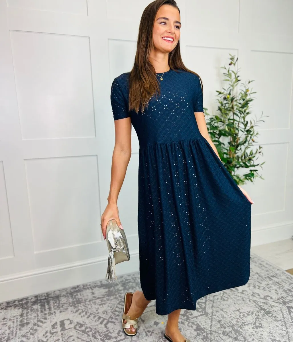 Navy Broderie Anglaise Stretch Midi Dress