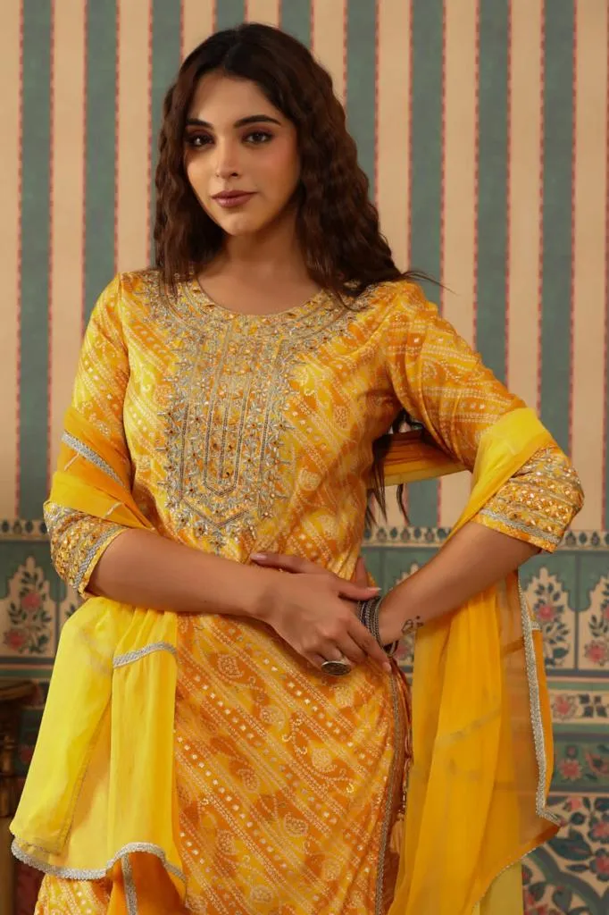 Nayab Madhuri Mustard Floral Gharara Kurta Set With Dupatta